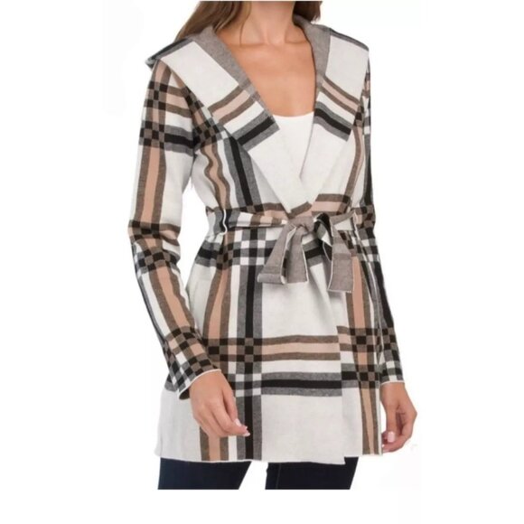 Christian Siriano XS Hooded Plaid Sweater Cardigan Jacket With Belt 10040 NWOT - Picture 1 of 10